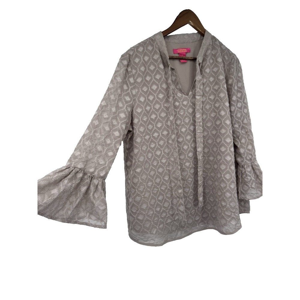 Catherine Malandrino grey tan Blouse sheer geometric bell‎ sleeve cottage XL